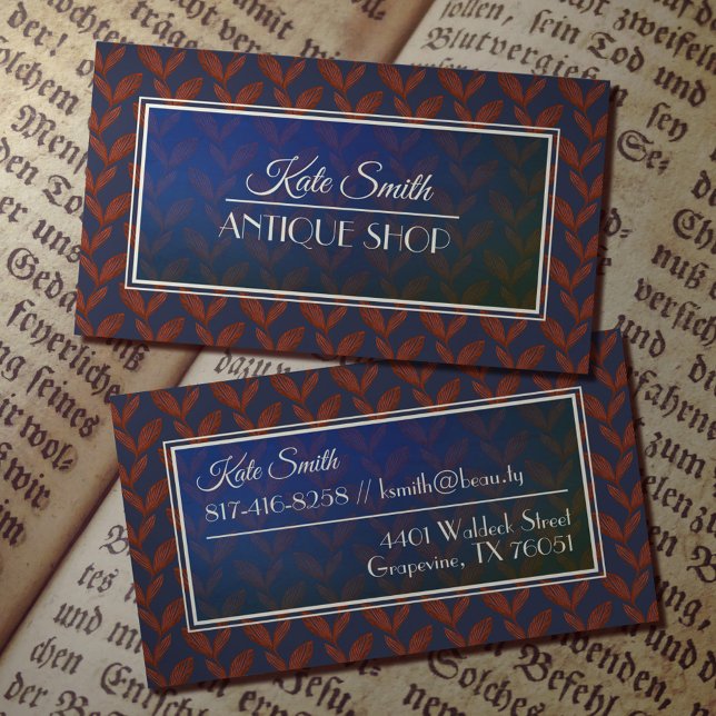Tarjeta De Visita Antiguo patrón frondoso azul oscuro y rojo (Subido por el creador)