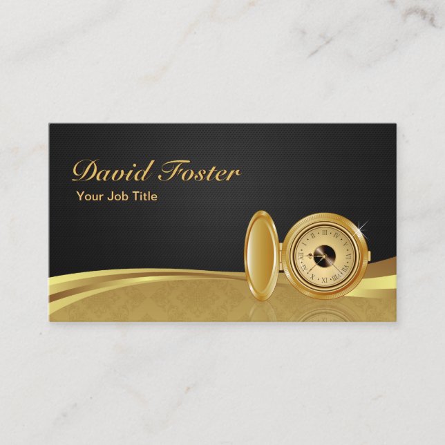 Tarjeta De Visita Antiguo Pocket Watch Black Gold Elegant Damask (Anverso)