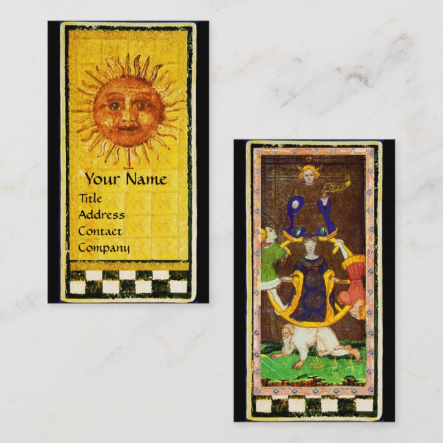 TARJETA DE VISITA ANTIGUO RENACIMIENTO TAROS/ SOL Y RUEDA DE FORTUNA (Anverso / Reverso)