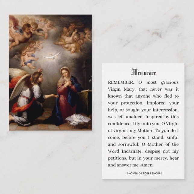 Tarjeta De Visita Anunciación católica Oración Virgin Mary Memorare (Anverso / Reverso)