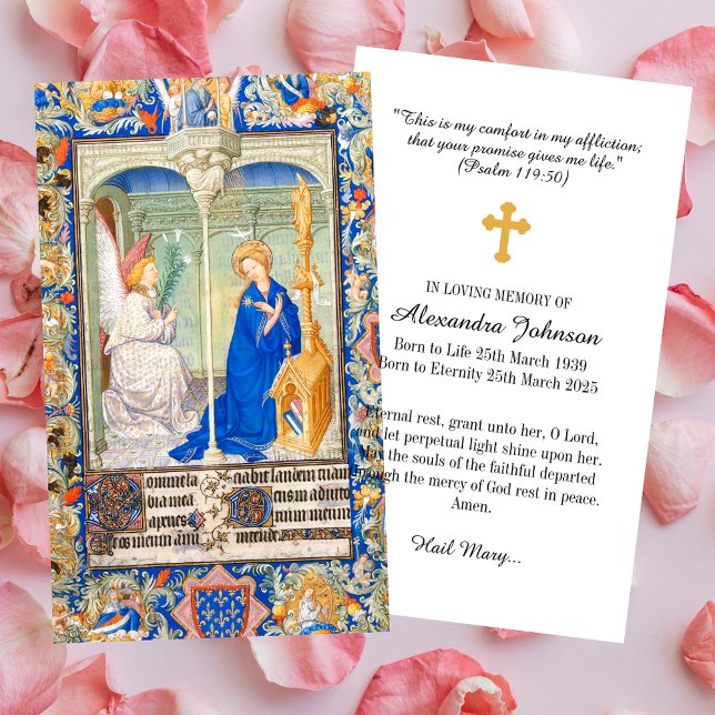 Tarjeta De Visita Anunciación Hail Mary Oración conmemorativa del fu (The Annunciation Hail Mary Christian Catholic In loving memory Funeral Memorial Prayer Card)