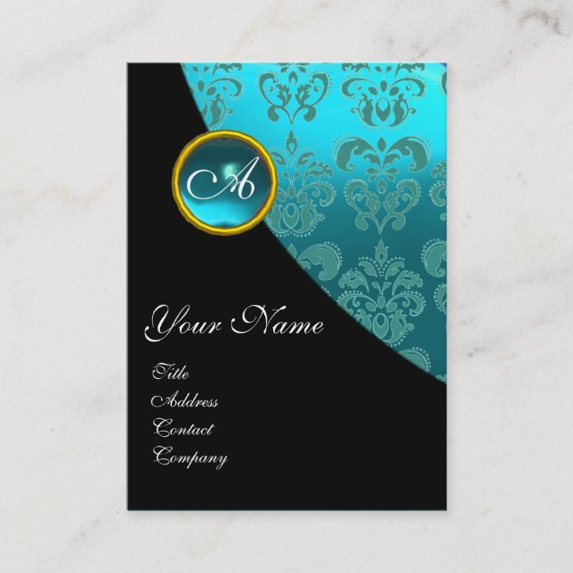Tarjeta De Visita AQUA AZUL AQUAMARINE DAMASK MONOGRAM turquasa, Ver (Anverso)