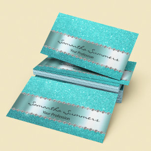 Tarjeta De Visita Aqua Blue Diamond Metalizado elegant Purpurina