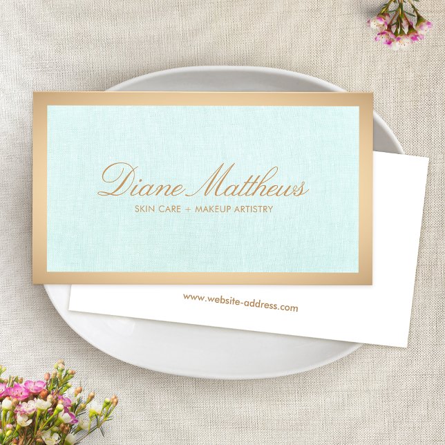 Tarjeta De Visita Aqua Blue Linen , Rosa Gold Border SkyCare Spa (Subido por el creador)