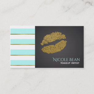 Tarjeta De Visita Aqua Blue White Stripes Faux Gold Shine Lips
