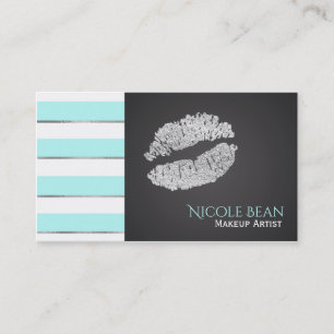 Tarjeta De Visita Aqua Blue White Stripes Faux Silver Shine Lips