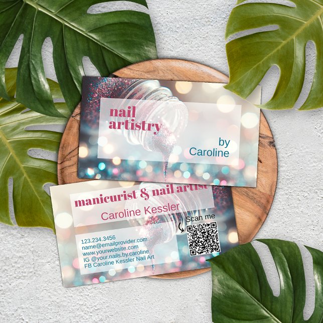 Tarjeta De Visita Aqua Turquoise Blue Hot Pink Purpurina Nail Polaco (Subido por el creador)