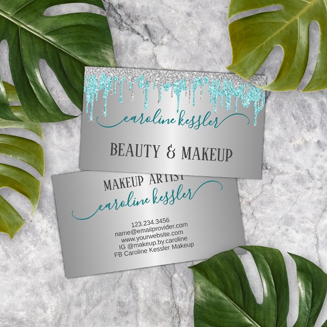 Tarjeta De Visita Aqua Turquoise Green Silver Purpurina Sparkle Drin (Subido por el creador)