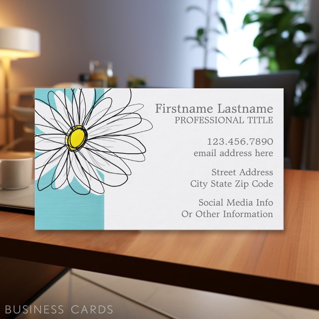 Tarjeta De Visita Aqua y Yellow Whimsical Daisy Personalizado Textos (Personalized Printed Business Cards)