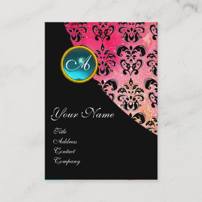 Tarjeta De Visita AQUAMARINA AZUL DAMASK MONOGRAM, fucsia rosa (Anverso)