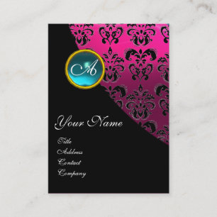 Tarjeta De Visita AQUAMARINA AZUL DAMASK MONOGRAM, fucsia rosa