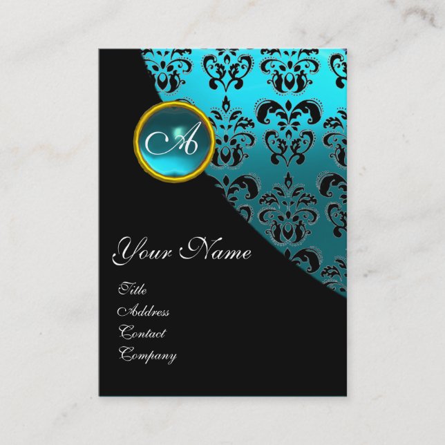 Tarjeta De Visita AQUAMARINE AZUL DAMASK MONOGRAM, turquasa (Anverso)
