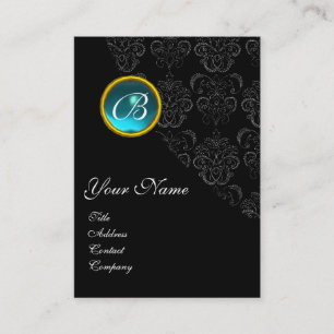 Tarjeta De Visita AQUAMARINE AZUL DAMASK MONOGRAM, turquasa