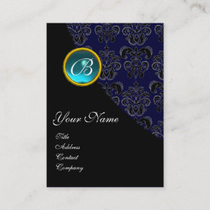 Tarjeta De Visita AQUAMARINE AZUL DAMASK MONOGRAM, turquesa rosa