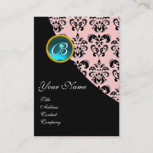 Tarjeta De Visita AQUAMARINE AZUL DAMASK MONOGRAM, turquesa rosa