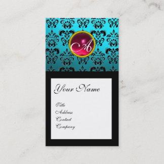 TARJETA DE VISITA AQUÍ BLUE BLACK DAMASK SQUARE RUBY GEM MONOGRAM