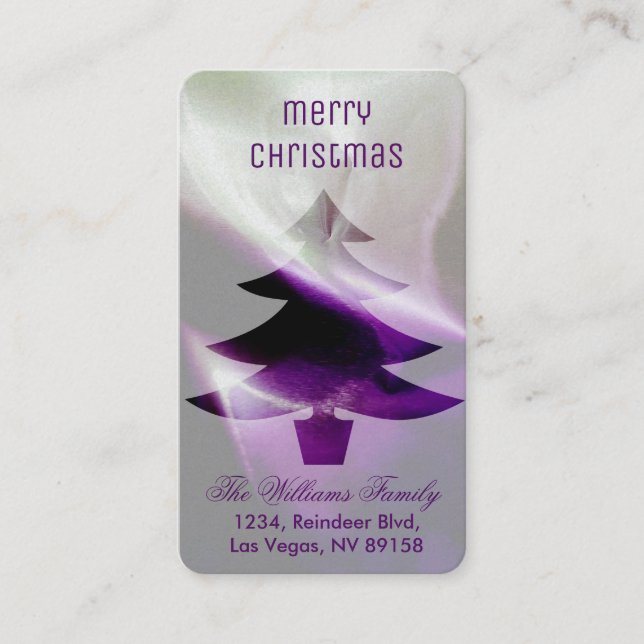 Tarjeta De Visita Árbol de Navidad Blanco Morado de Plata Elegante E (Anverso)