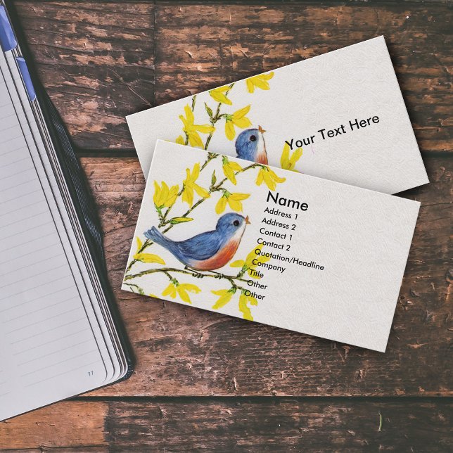 Tarjeta De Visita Árbol de pájaros azules canto (Cute spring time red blue bird on branch yellow flowers on white business card.)