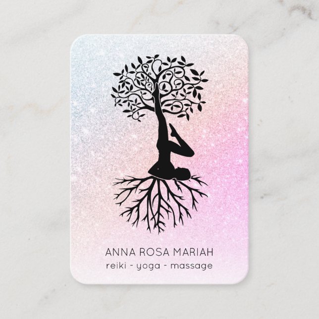 Tarjeta De Visita *~* Árbol de vida Purpurina Zen de yoga QR Pastel (Anverso)