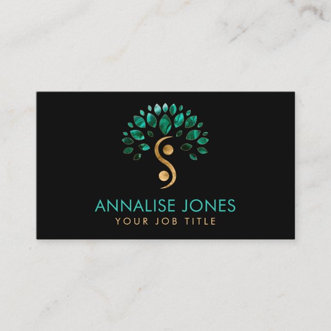 Tarjeta De Visita Árbol de vida Yin Yang - hojas malaquitas (Anverso)