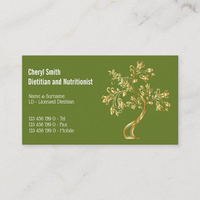 Tarjeta De Visita Árbol verde oro dietista de la vida moda elegante (Anverso)