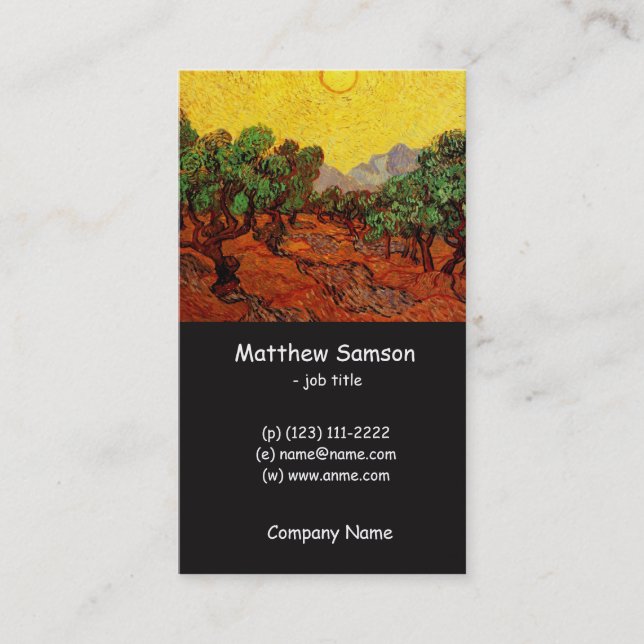 Tarjeta De Visita Árboles olivos con cielo y sol amarillo, van Gogh (Anverso)