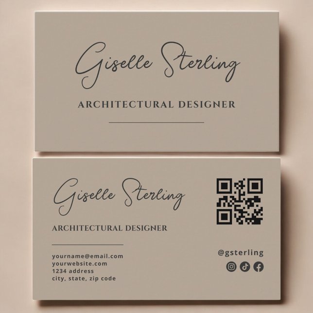 Tarjeta De Visita Architectura Designer Neutral Taupe Script QR Code (Subido por el creador)