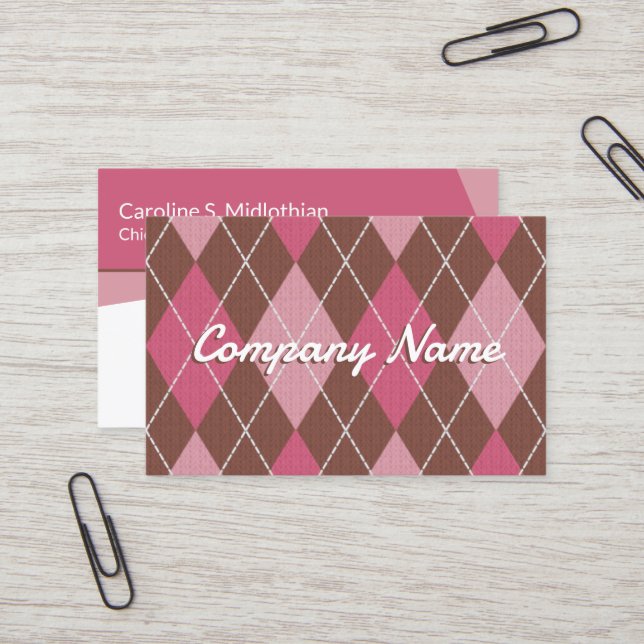 Tarjeta De Visita Argyle Knit & Sports Fashion Theme - Rosa / Café (Anverso/Reverso In Situ)