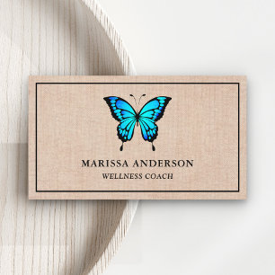Tarjeta De Visita Arpillera Rústica Mariposa Azul Elegante