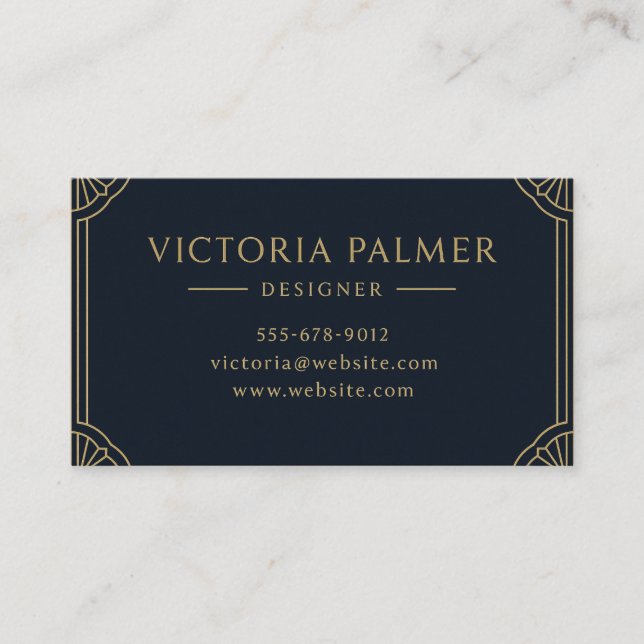 Tarjeta De Visita Art Deco Navy and Gold Luxury Business Card (Anverso)