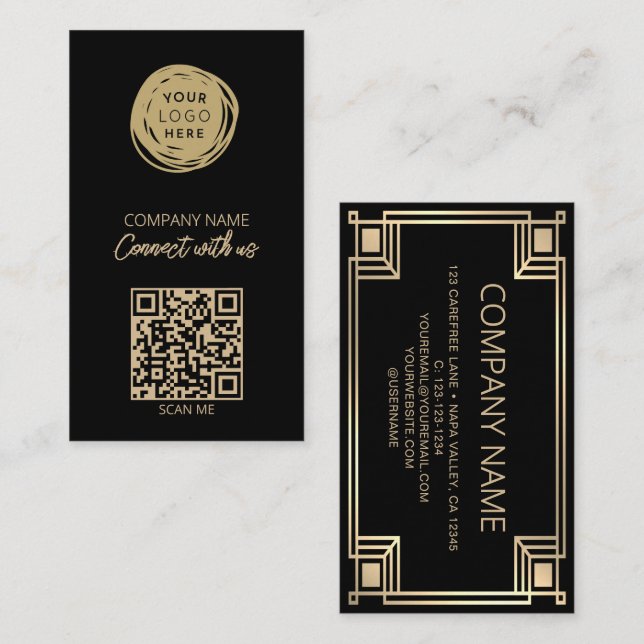 Tarjeta De Visita Art Deco QR Code Business Logo (Anverso / Reverso)