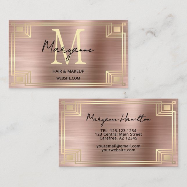 Tarjeta De Visita Art Deco Rose Gold Monogram (Anverso / Reverso)