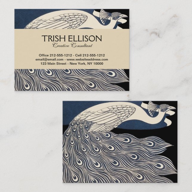 Tarjeta De Visita Art Nouveau azul de Peacock (Anverso / Reverso)