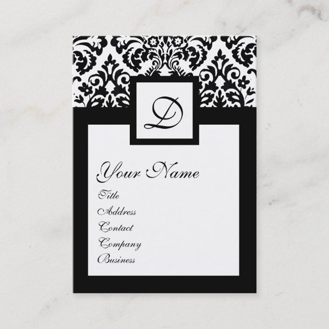 TARJETA DE VISITA ART NOUVEAU BLANCO NEGRO DAMASK SQUARE MONOGRAM (Anverso)