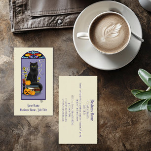 Tarjeta De Visita Art Nouveau Gato Negro Calabaza Púrpura Otoño Amar