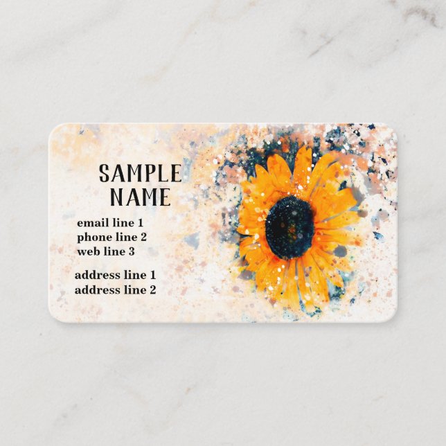Tarjeta De Visita arte de girasol acuarela personalizado amarillo y  (Anverso)