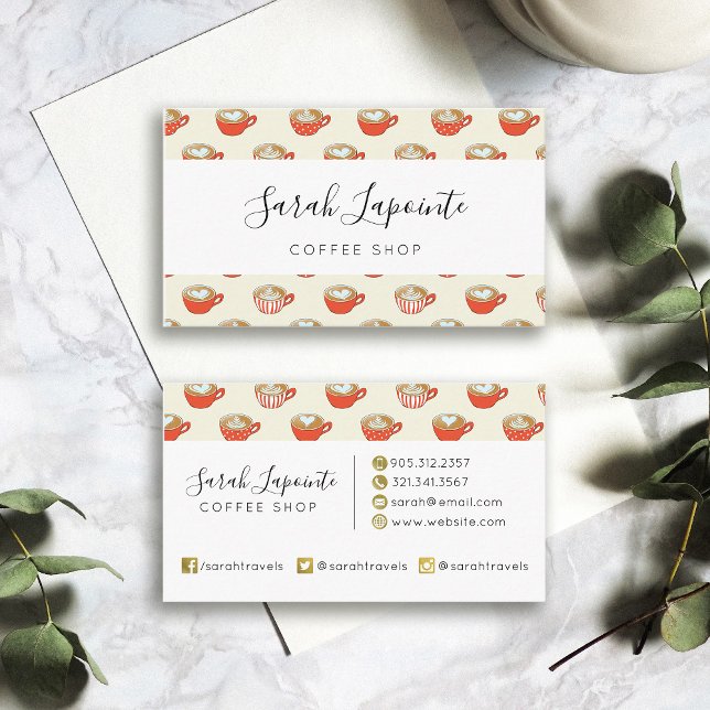 Tarjeta De Visita Arte de latte lindo en el patrón de tazas de café  (Coffee Shop Red Latte Art Pattern Business Card)