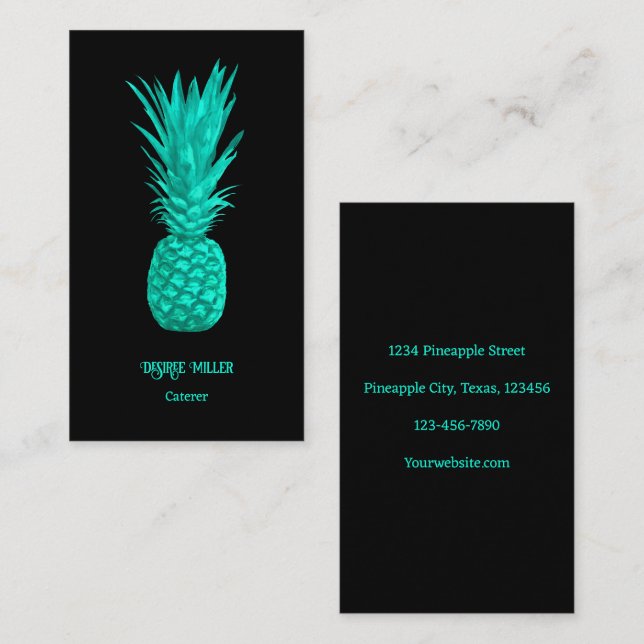 Tarjeta De Visita Arte de piña negra Verde azulado elegante tropical (Anverso / Reverso)