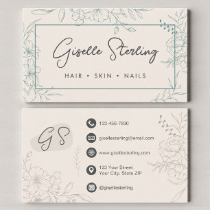 Tarjeta De Visita Arte lineal floral marfil neutral elegante escritu