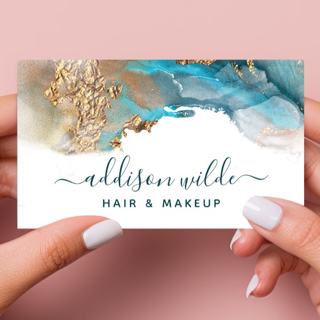 Tarjeta De Visita Arte moderno azul y dorado Tinta acuarela líquida (Subido por el creador)