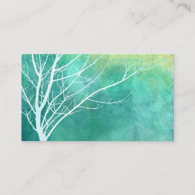 Tarjeta De Visita arte natural elegante acuarela azul y árbol blanco (Anverso)