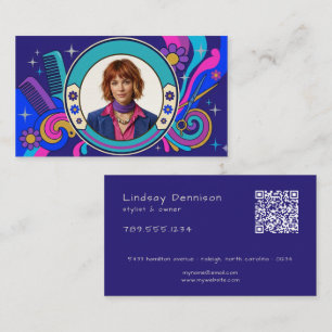 Tarjeta De Visita Arte Pop Moderno Retro Foto Cabello QR de los Sete