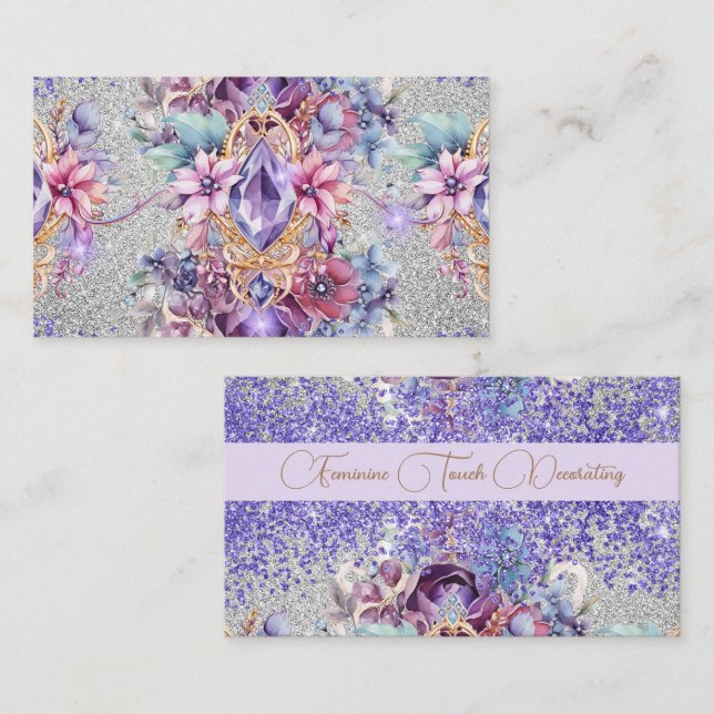 Tarjeta De Visita Arte purpurina floral brillante femenino (Anverso / Reverso)