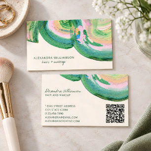 Tarjeta De Visita Artes Verde Rosa Abstracto Pincelada Cabello Maqui