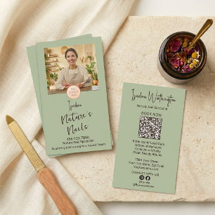 Tarjeta De Visita Artesanía Patrimonio Verde Salvia Foto Uña Logo QR