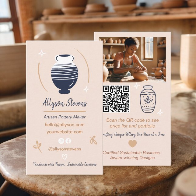 Tarjeta De Visita Artesanías de artesanías rusas para la fabricación (Rustic Artisan Pottery Maker Crafts photo qr code Business Card)