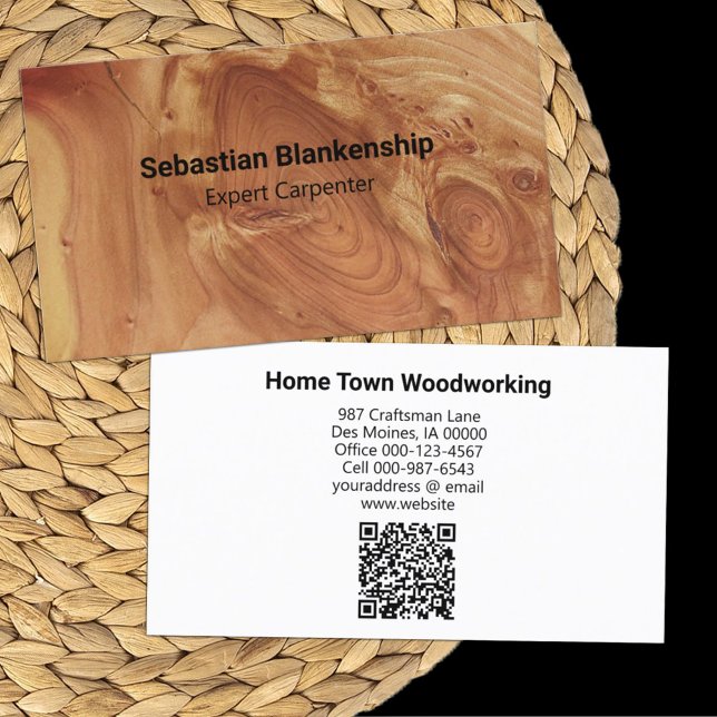 Tarjeta De Visita Artesano de madera Textura Código QR (business card front and back)