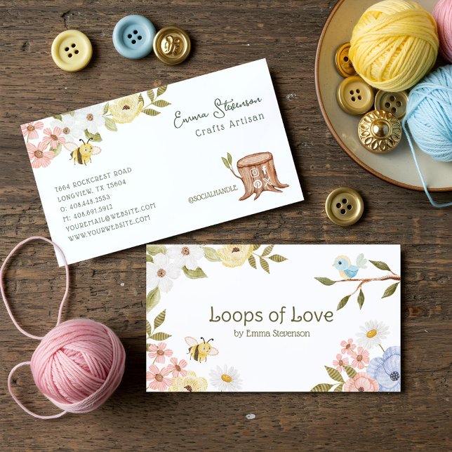 Tarjeta De Visita Artesanos florales de pájaro y abeja de punto de m (Cute Woodland Knitted Bee & Bird Floral Crafters Business Card)