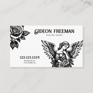 Tarjeta De Visita Artista Angel Tattoo de rosas blancas y negras