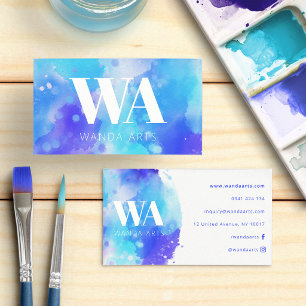 Tarjeta De Visita Artista de Acuarela Azul Púrpura Monograma